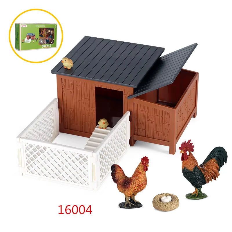 Zoo Farm House Model Action Figures Farmer Cow Hen Duck Poultry Animals Set Figurine Miniature Lovely Educational Kids Toy