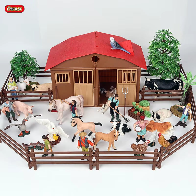 Zoo Farm House Model Action Figures Farmer Cow Hen Duck Poultry Animals Set Figurine Miniature Lovely Educational Kids Toy