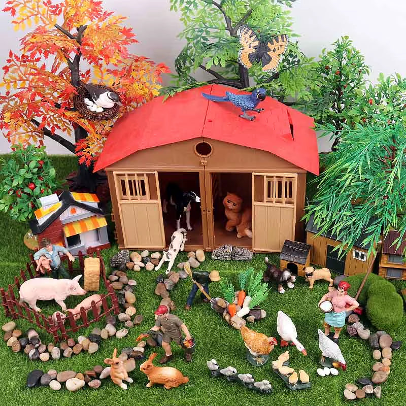 Zoo Farm House Model Action Figures Farmer Cow Hen Duck Poultry Animals Set Figurine Miniature Lovely Educational Kids Toy