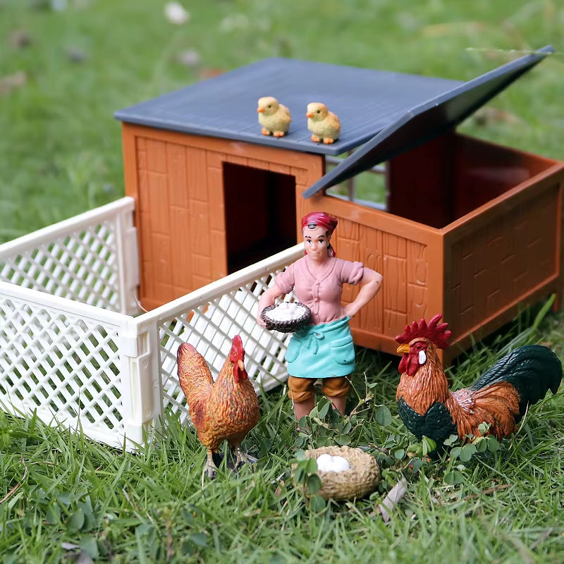 Zoo Farm House Model Action Figures Farmer Cow Hen Duck Poultry Animals Set Figurine Miniature Lovely Educational Kids Toy