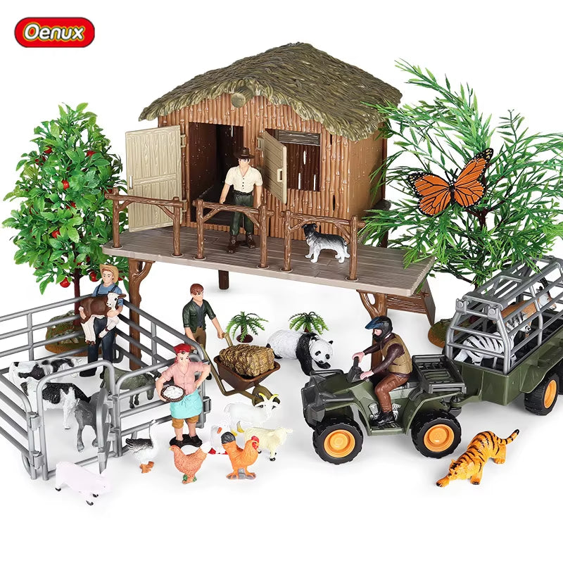 Zoo Farm House Model Action Figures Farmer Cow Hen Duck Poultry Animals Set Figurine Miniature Lovely Educational Kids Toy
