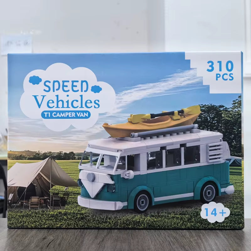 MOC Technical Car 10220 VW T1 Turquoise Camper Van City Camp Truck Sets with Box Building Blocks Toys Christmas Gift